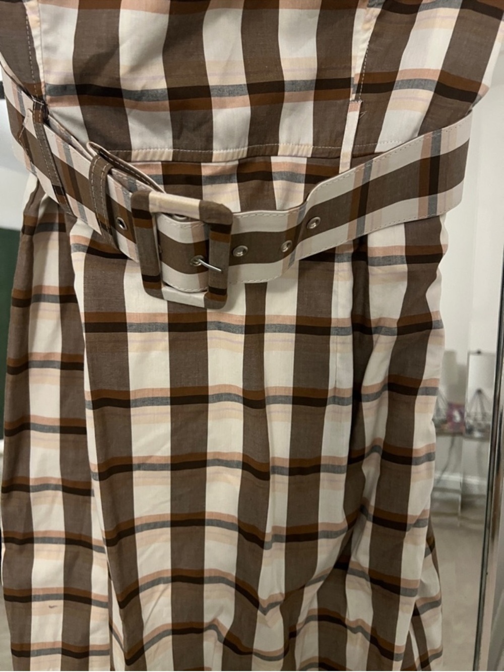 Anthropologie Brown & White Strapless Gingham Belted Midi Dress XL - Picture 4 of 7